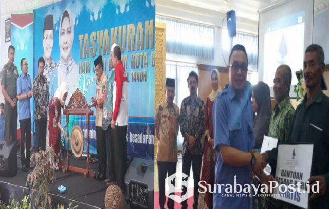 IMG-20190620-WA0026 Wali Kota Batu Hj Dewanti Rumpoko memukul gong usai me-launching logo baru Perumda Among Tirto Kota Batu.