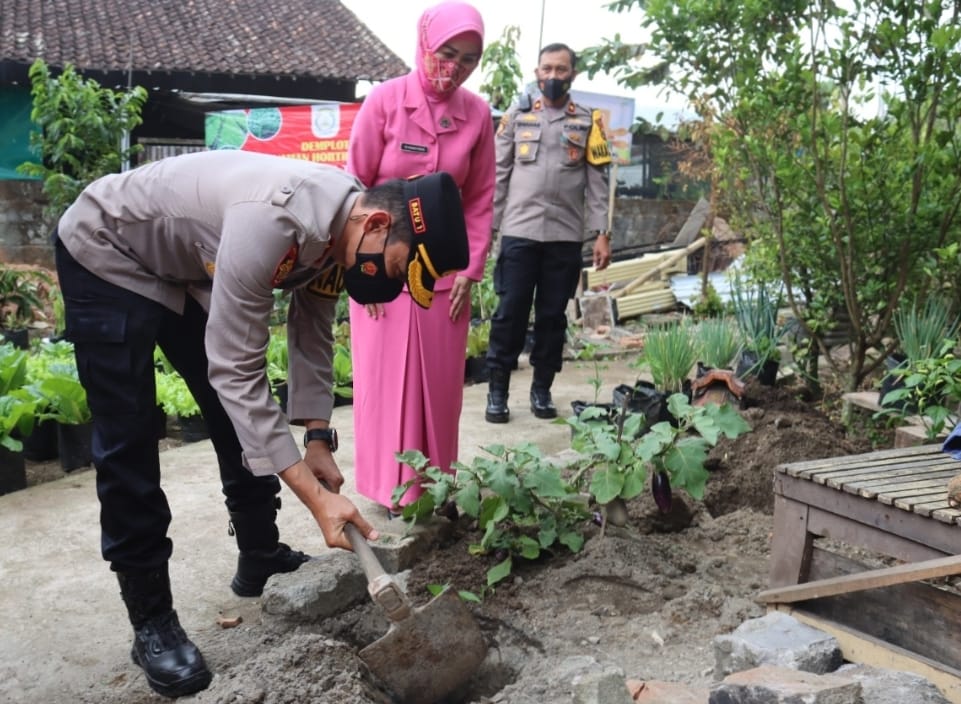 AKBP Oskar Syamsudin bersama Ketua Bhayangkari Cabang Batu Ny Raudiah Oskar, juga menyempatkan diri menanam sayur diarea Polsek