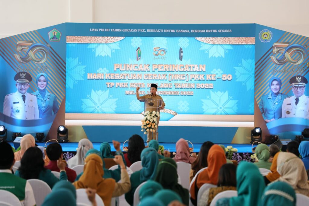Walikota Malang, H Sutiaji saat memberikan sambutan pada Puncak Peringatan Hari Kesatuan Gerak (HKG) PKK ke 50 TP PKK Kota Malang Tahun 2022 (ist)