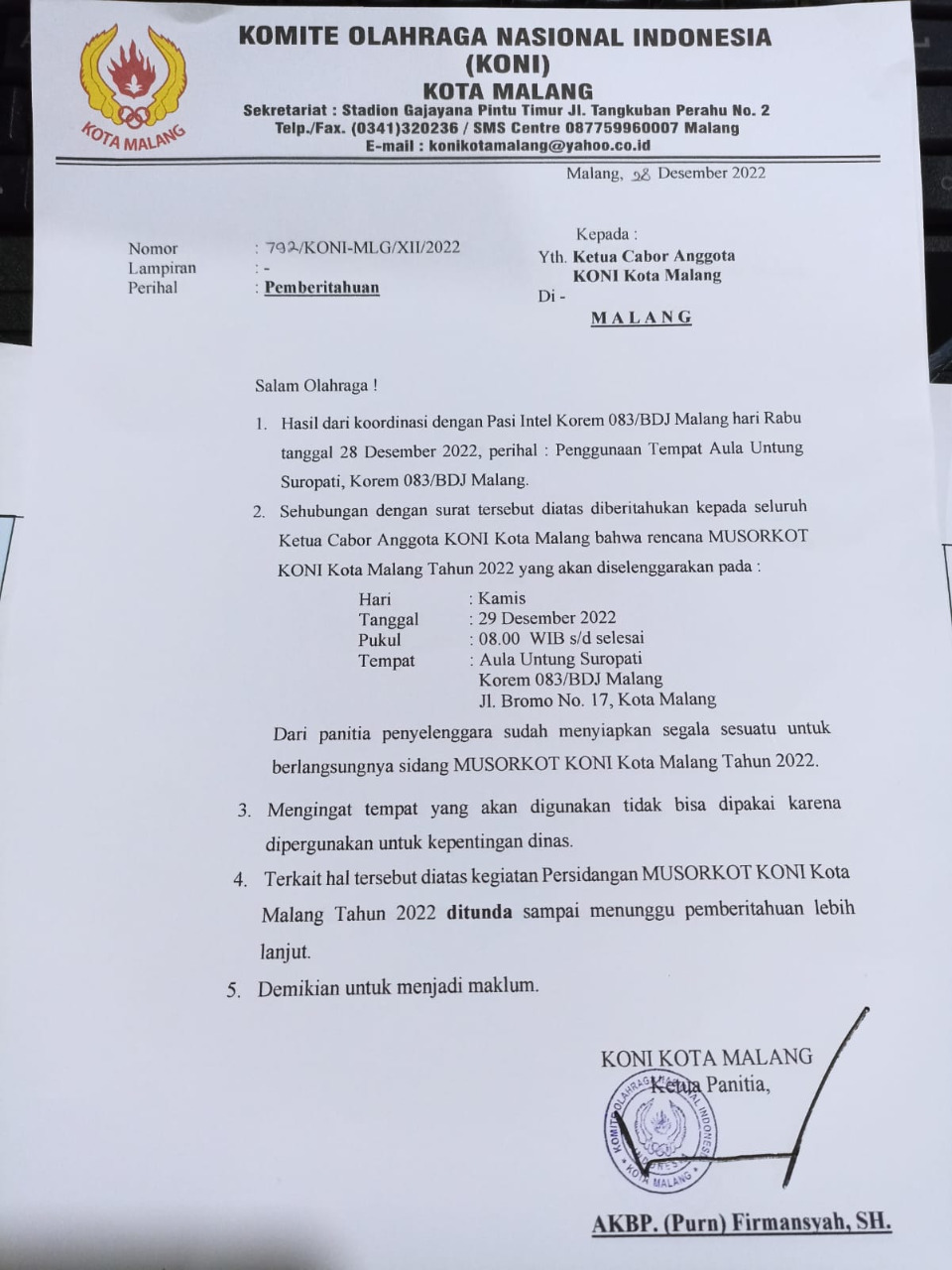 Pemberitahuan dari panitia pelaksana Musorkot KONI Kota Malang tentang penundaan pelaksanaan Musorkot. (istimewa)