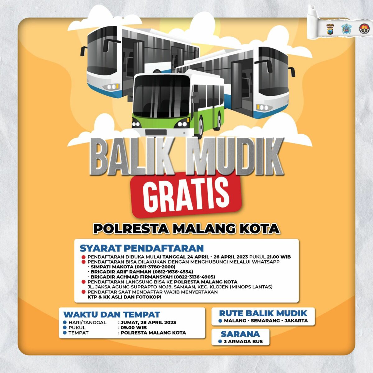 Hari ini, Polresta Malang Kota mulai membuka layanan pendaftaran Balik Mudik Gratis (ist)