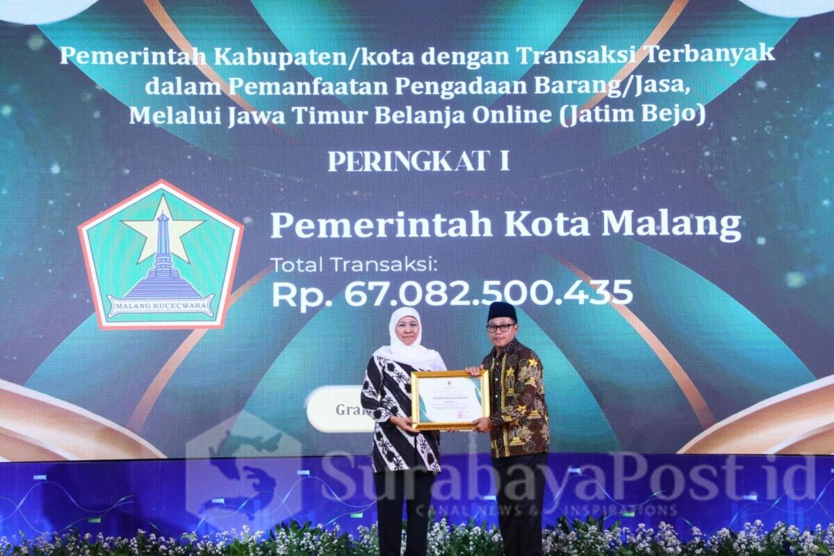 Walikota Malang H Sutiaji menerima penghargaan dari Gubernur Jawa Timur, Khofifah Indar parawansa (ist)