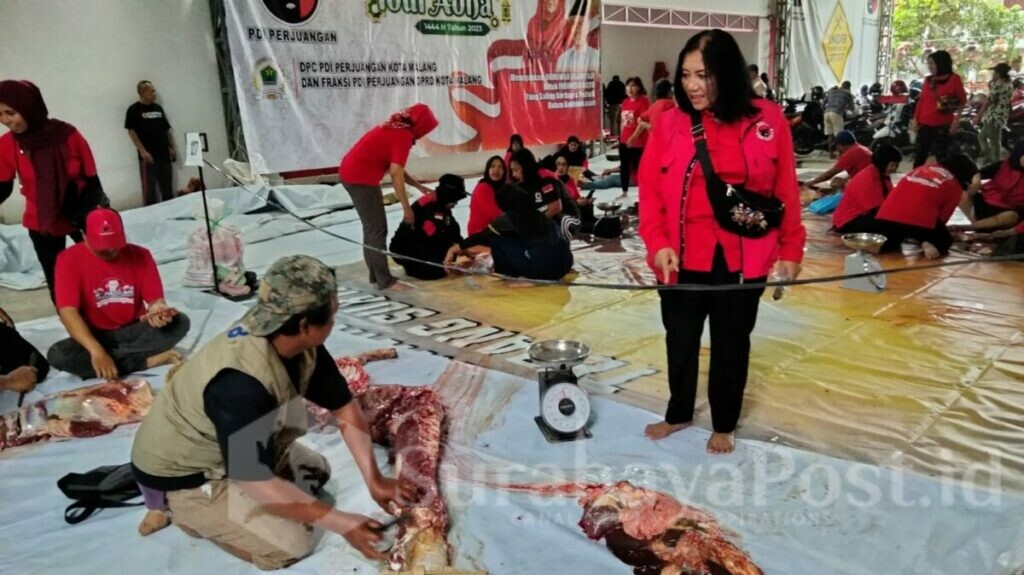 Kader DPC PDIP Kota Malang menyiapkan potongan daging sapi yang akan dibagikan di Kantor DPC PDIP Kota Malang