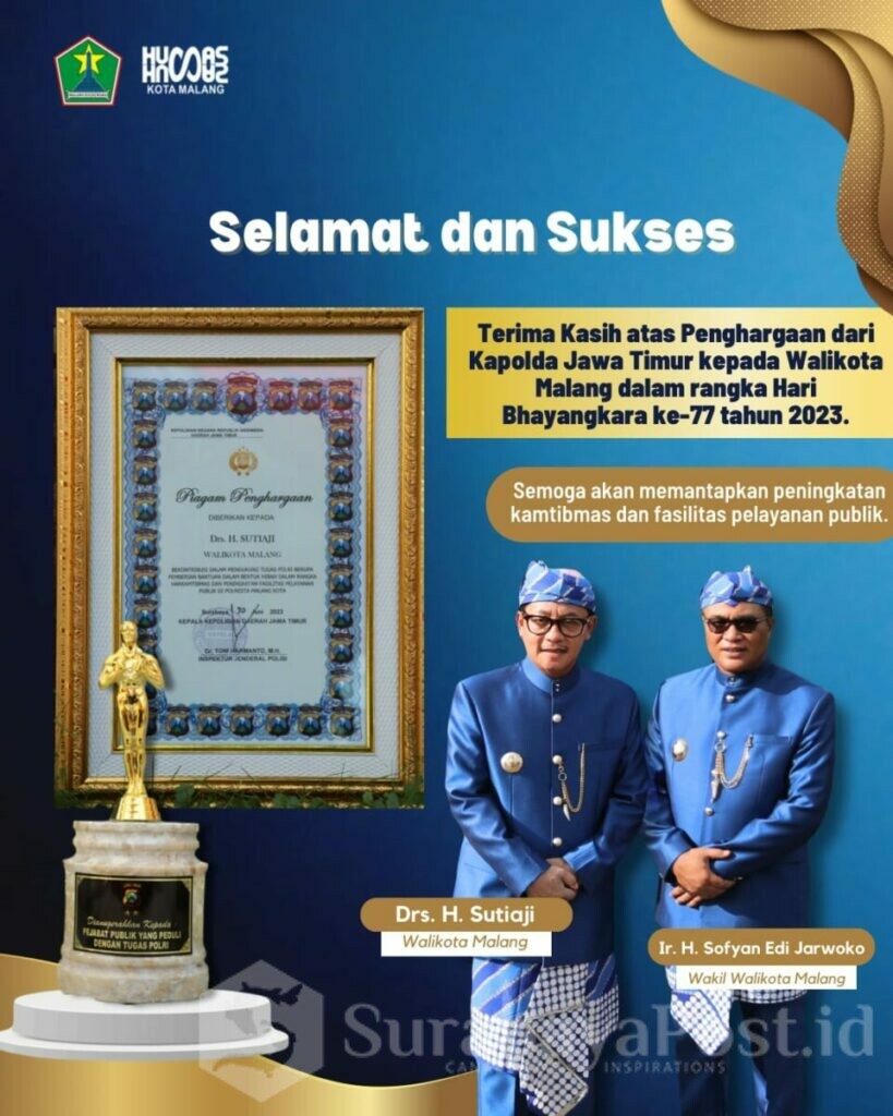 Walikota Malang, H Sutiaji dan Wakil Walikota, Sofyan Edi Jarwoko (ist)