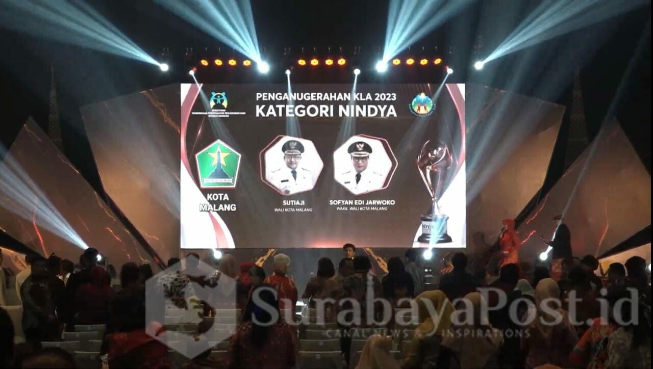 Kota Malang meraih dua penghargaan Kota Layak Anak (KLA) Kategori Nindya di ajang Penganugerahan Kabupaten/Kota Layak Anak (KLA) 2023, serta Penghargaan Data Forum Anak (DAFA) Award 2023 Kategori Website Terbaik yang diraih oleh Forum Anak Kota Malang. (ist)