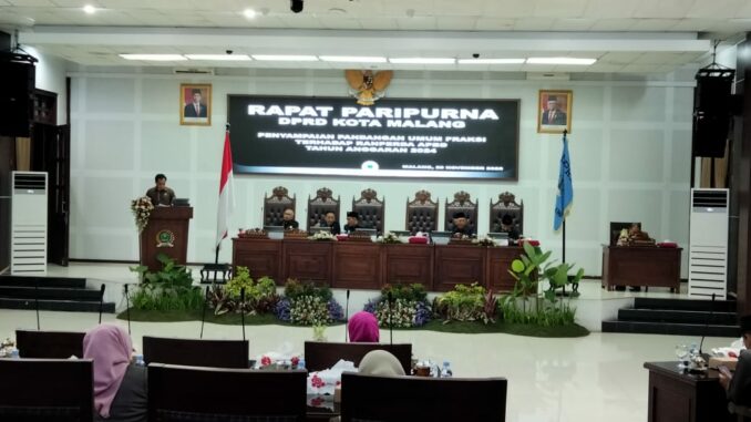 Rapat Paripurna DPRD Kota Malang dengan agenda Penyampaian Pandangan Umum Fraksi Terhadap Ranperda APBD Tahun Anggaran 2024, Senin (20/11/2023)