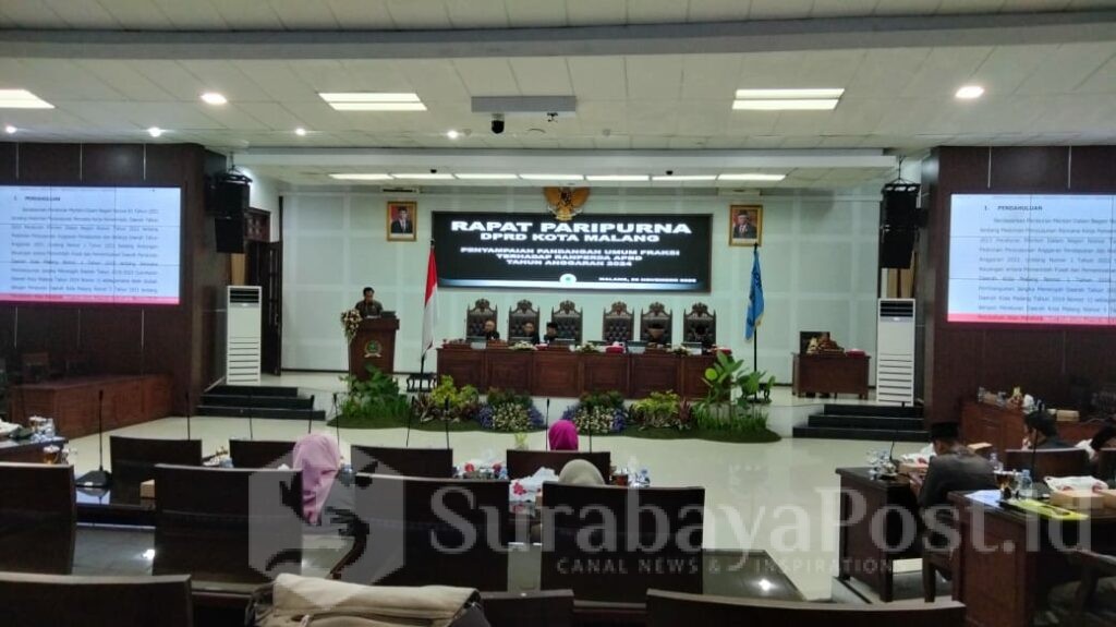 Rapat Paripurna DPRD Kota Malang dengan agenda Penyampaian Pandangan Umum Fraksi Terhadap Ranperda APBD Tahun Anggaran 2024, Senin (20/11/2023)