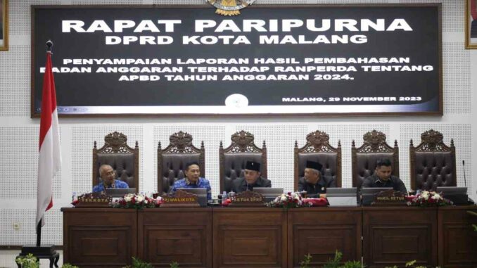 DPRD Kota Malang menyampaikan hasil pembahasan Badan Anggaran terhadap Ranperda APBD 2024 dalam rapat paripurna yang digelar di Gedung DPRD Kota Malang, Rabu (29/11/2023).