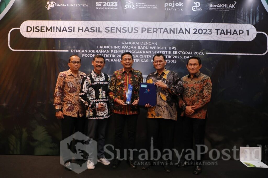 Pj. Walikota Malang, Wahyu Hidayat pose bersama jajaran usai menerima anugerah Anindita Wistara Data 2023. (Dok. Prokompim)