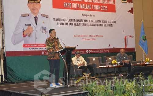 Pj. Walikota Malang, Wahyu Hidayat memberikan pengarahan pada forum konsultasi publik RKPD 2025 yang digelar Bappeda Kota Malang. (ist)