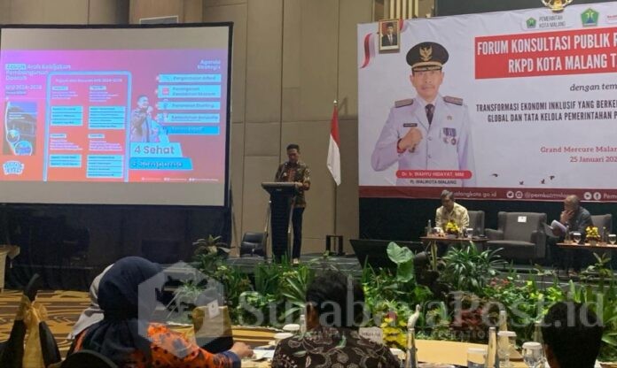 Pj. Walikota Malang, Wahyu Hidayat memberikan pengarahan pada forum konsultasi publik RKPD 2025 yang digelar Bappeda Kota Malang. (ist)