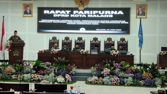 Juru bicara Banggar DPRD Kota Malang, Ahmad Fuad Rahman menyampaikan laporan hasil pembahasan Banggar pada paripurna, Kamis (20/06/2024)