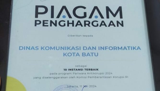 Piagam Penghargaan dari KPK yang berhasil diraih Pemerintah Kota Batu (Ist)