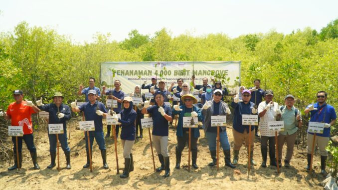 Pose bersama disela penanaman 4.000 bibit Mangrove dilakukan di Desa Bahari Mengare, Tanjung Widoro, Kabupaten Gresik, Jawa Timur. (istimewa)