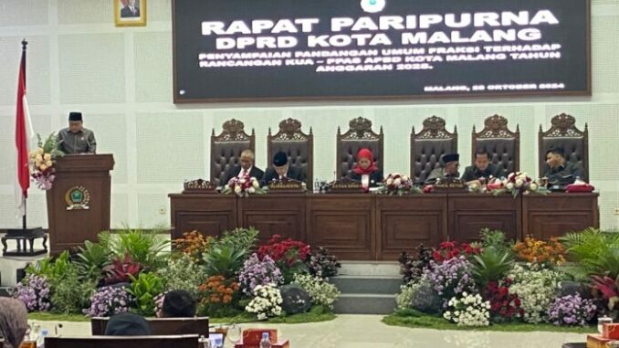 Rapat Paripurna DPRD Kota Malang terkait Penyampaian Pandangan Umum Fraksi terhadap Rancangan KUA-PPAS APBD 2025, Senin (28/10/2024).