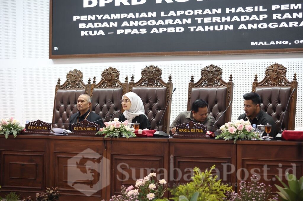 Rapat Paripurna DPRD Kota Malang dengan agenda Penyampaian Laporan Hasil Pembahasan Badan Anggaran Rancangan KUA – PPAS APBD Kota Malang Tahun 2025, digelar di Ruang Rapat Paripurna DPRD Kota Malang. (Sumber Prokompim)