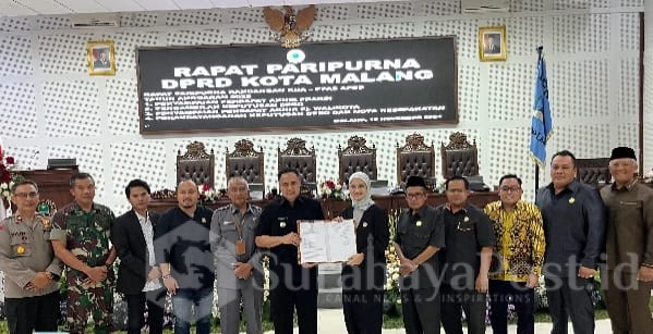 Ketua DPRD Kota Malang, Amithya Ratnanggani Sirraduhita dan Pj Walikota Malang Iwan Kurniawan beserta Forkopimda usai penandatanganan. (ist)