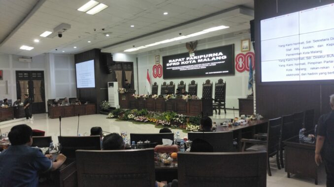 Anggota DPRD Kota Malang saat menyampaikan pandangan umum fraksi terhadap RAPBD 2026 dalam sidang paripurna di Gedung DPRD Kota Malang, Kamis (6/11/2025).