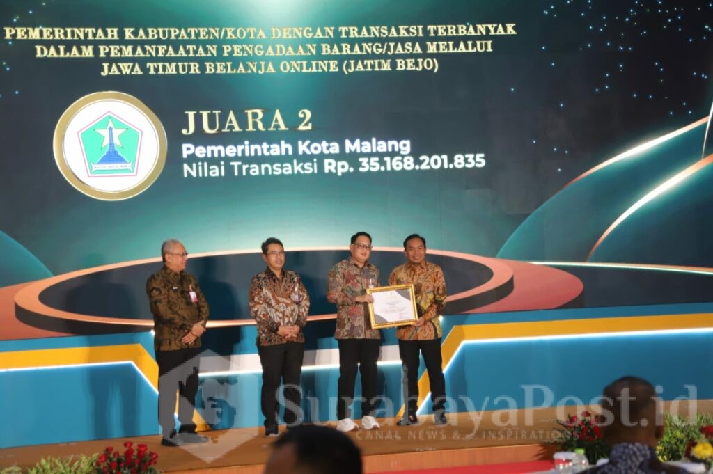 Lewat Jatim Bejo, Kota Malang dihadiahi Juara II kategori Pemerintah Kabupaten/Kota dengan transaksi kedua terbanyak. (Sumber Prokompim).