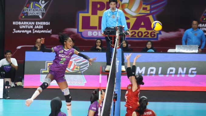 JPE memastikan lolos ke final four Proliga 2026 setelah mengalahkan Medan Falcons 3-0 di GOR Ken Arok Malang, Minggu 8 Februari 2026 malam. (Foto: PROLIGA/istimewa).