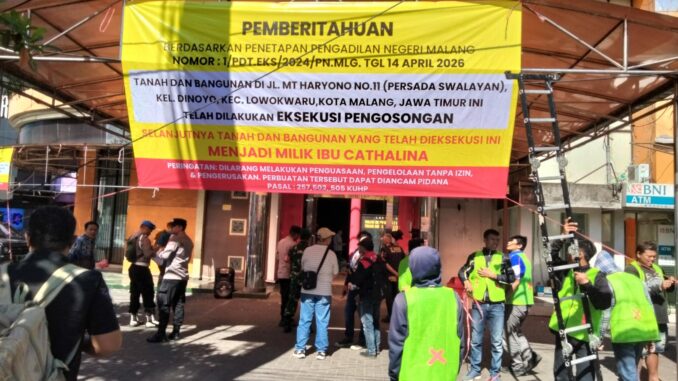 TANPA PERLAWANAN: PN Kota Malang Eksekusi Aset 705 M² di MT Haryono, Risalah Lelang Jadi Dasar Hukum Mutlak, Kamis (23/4/2026).