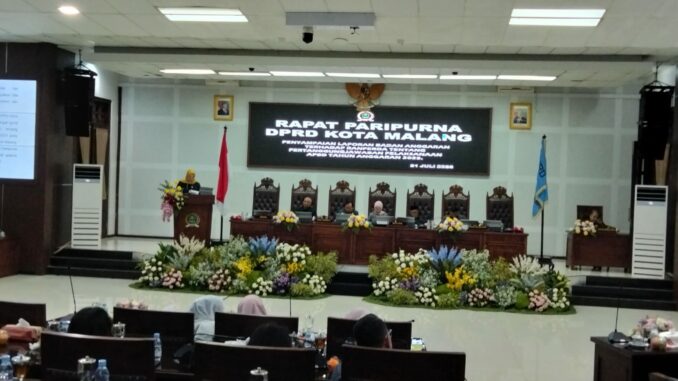 Juru Bicara Banggar DPRD Kota Malang, Lelly Theresiawati, dalam rapat paripurna penyampaian laporan terhadap Pertanggungjawaban Pelaksanaan APBD TA 2025, Selasa (21/7/2026).