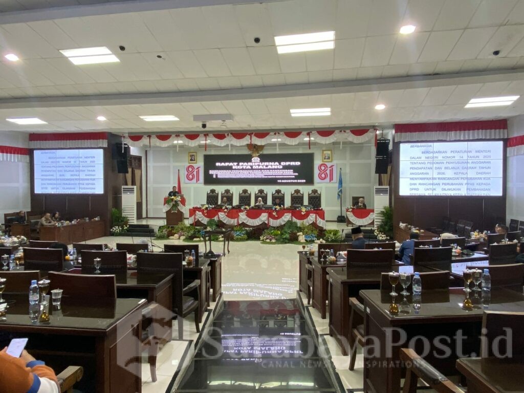Rapat Paripurna Penyampaian Pandangan Fraksi terhadap Rancangan KUPA-PPAS APBD 2026 di Gedung DPRD Kota Malang, Selasa (18/8/2026).