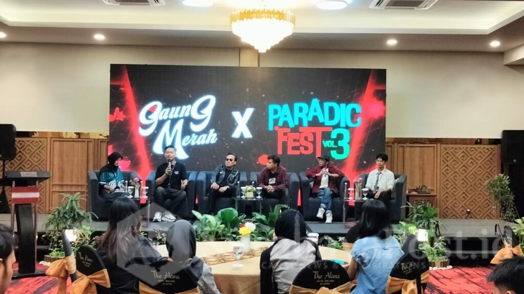 Bassis The Changcuters, Dipa Nandastyra Hasibuan dalam konferensi pers jelang gelaran Paradic Fest Vol 3 di salah satu Hotel di Kota Malang, Jawa Timur.